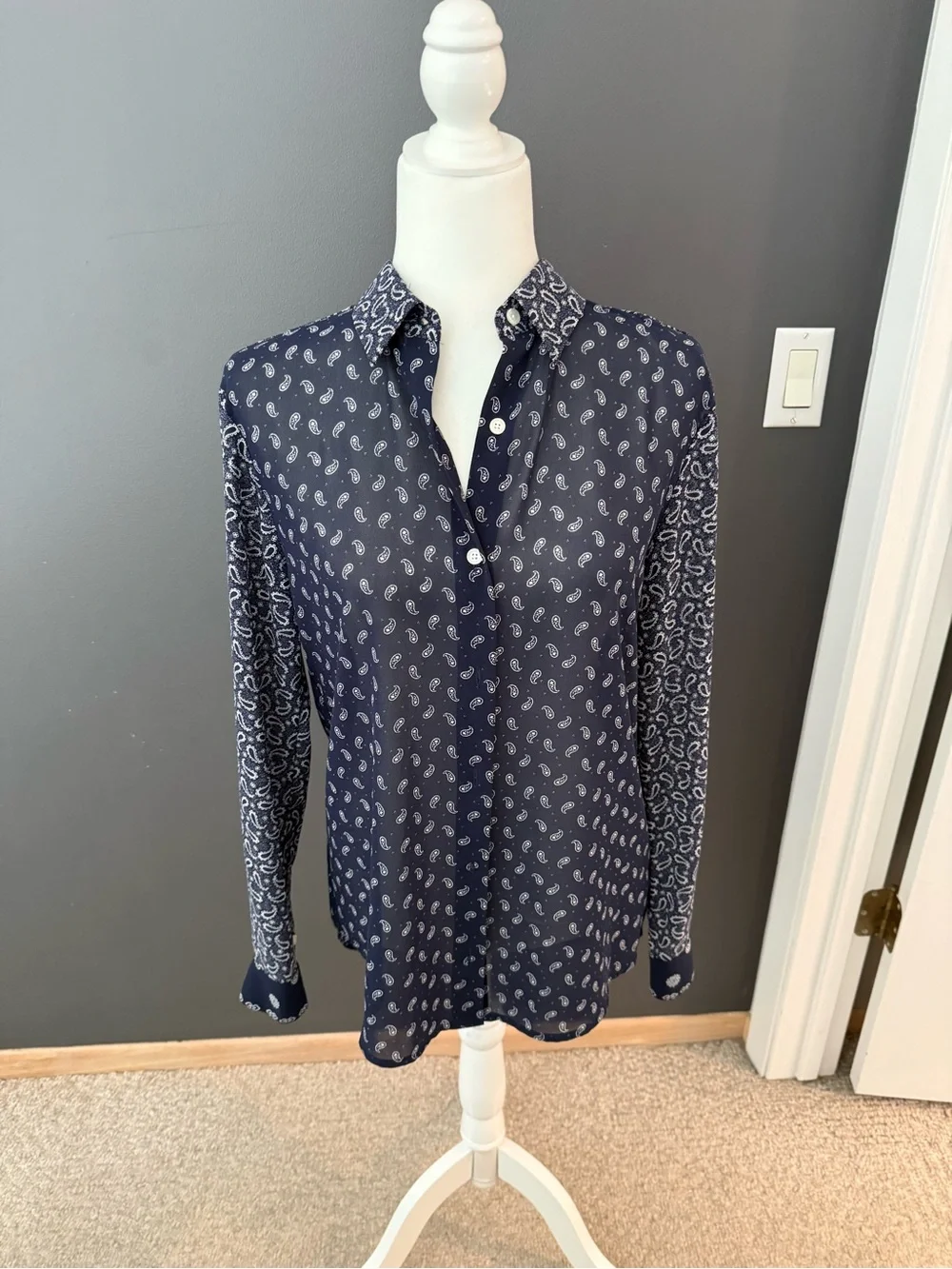 Michael Kors Sheer Navy Paisley Button-Up Shirt